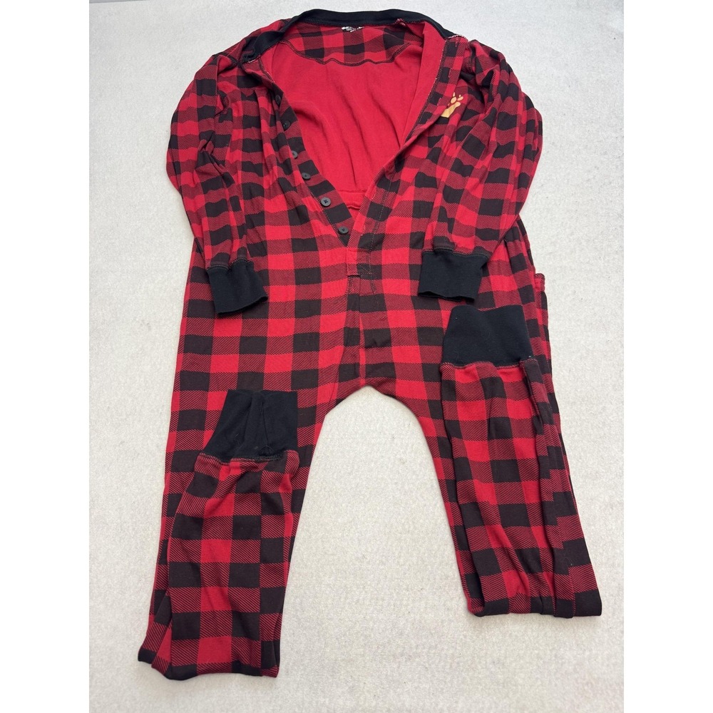 Lazy One Flap Jack Union Suit Mens Large Red Plaid Bear Cheeks Pajamas Sleepwear